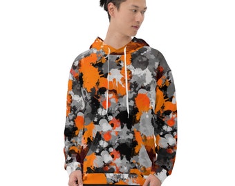 Felpa con cappuccio pullover leggera mimetica con schizzi di vernice arancione e grigia