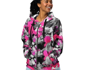 Felpa con cappuccio unisex con zip e schizzi di vernice rosa e grigia