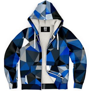 Blue, Black and White Geo Print Microfiber Sherpa Lined Zip-Up Hoodie | BigTexFunkadelic