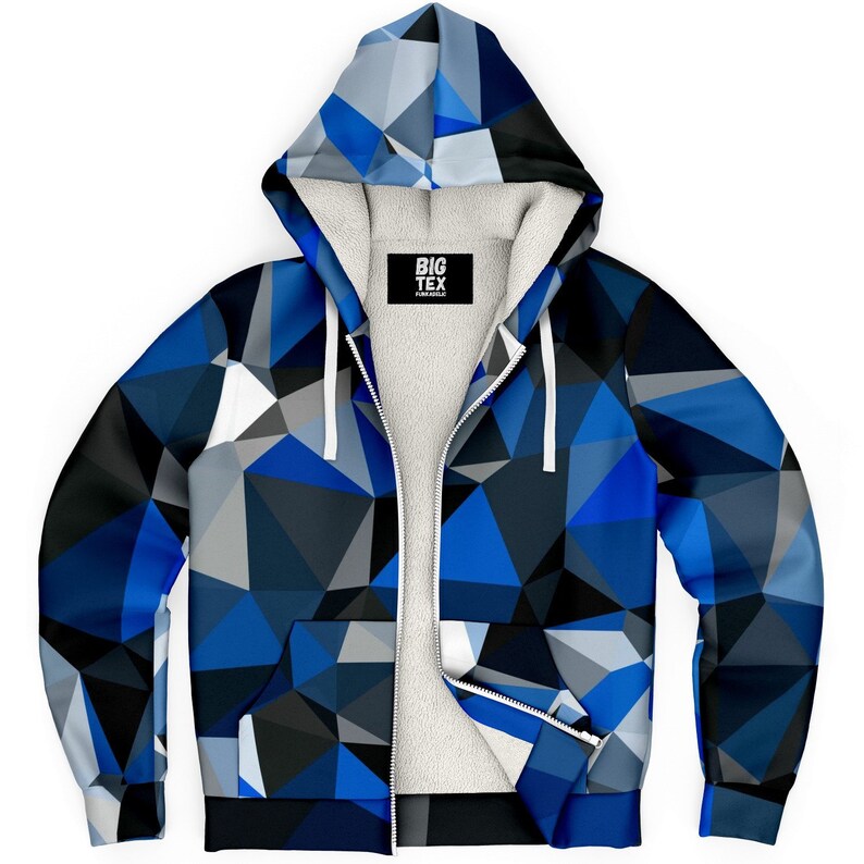 Blue, Black and White Geo Print Microfiber Sherpa Lined Zip-Up Hoodie | BigTexFunkadelic