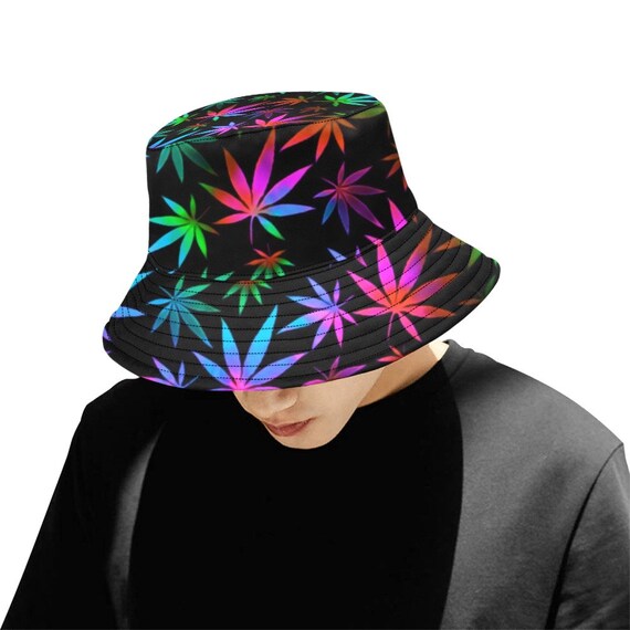 Black Rainbow Weed Print Bucket Hat UV 