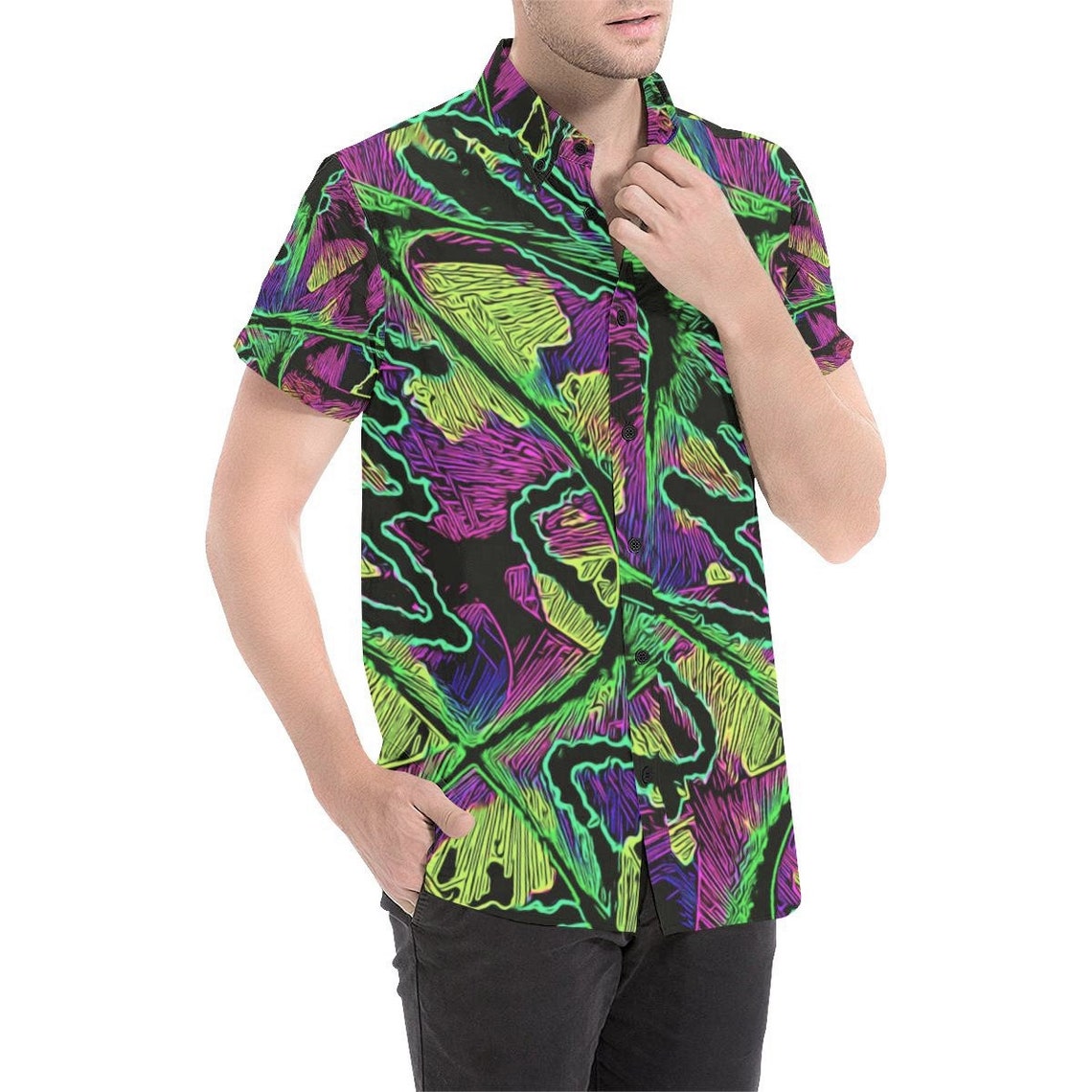 Neon Graffiti Outline Men's Short Sleeve Button Up Shirt | Etsy