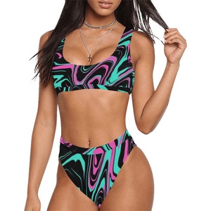 May include: A black, pink, and turquoise high-waisted bikini with a swirl pattern.