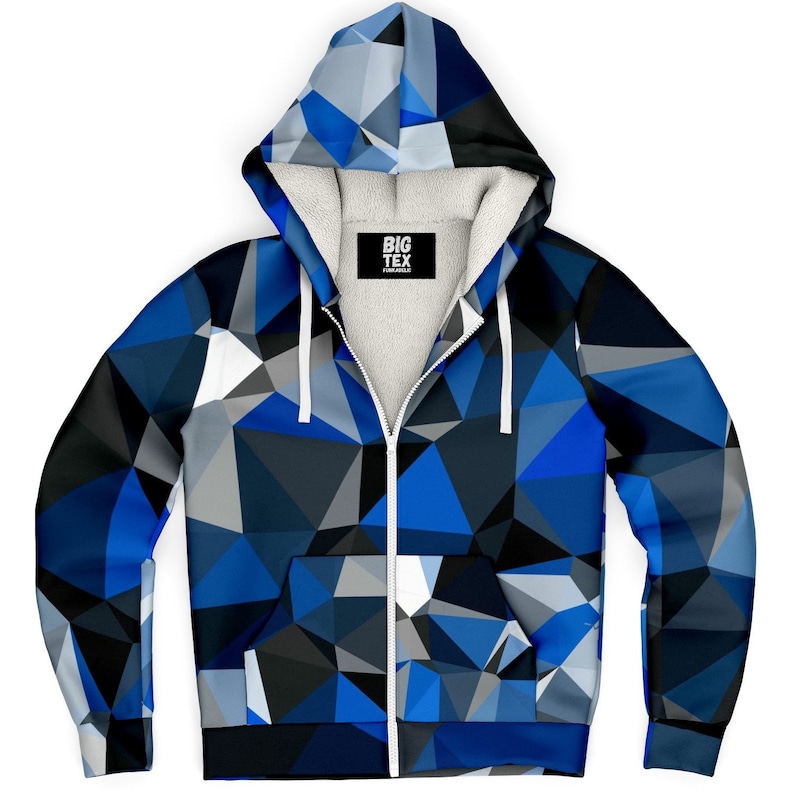 Blue, Black and White Geo Print Microfiber Sherpa Lined Zip-Up Hoodie | BigTexFunkadelic