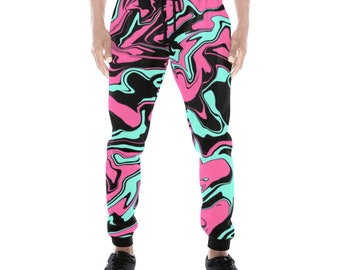 Pink Turquoise and Black Abstract Melt All Over Print Light-Weight Men's Jogger Sweatpants (Non Fleece Lined)