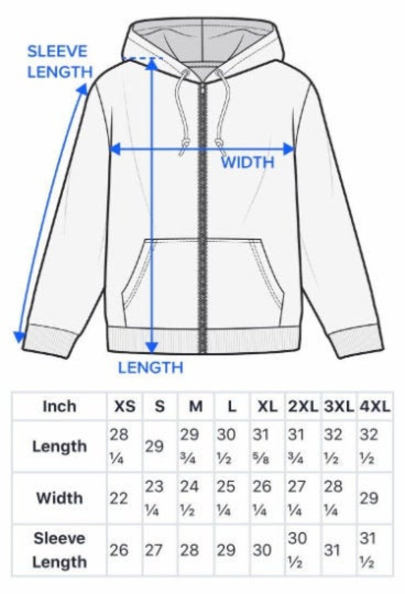 Pu&ograve; includere: Tabella delle taglie per una felpa con cappuccio con misure in pollici per lunghezza, larghezza e lunghezza della manica. Le taglie vanno dalla XS alla 4XL.
