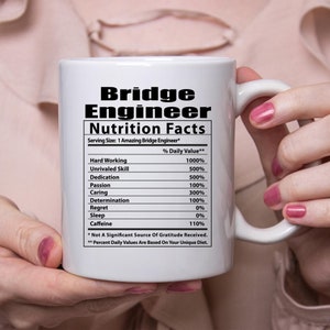 May include: White ceramic coffee mug with a black and white graphic of a nutrition facts label for a "Bridge Engineer". The label lists various skills and attributes with a percentage daily value, such as "Hard Working" at 1000%, "Unrivaled Skill" at 500%, and "Caffeine" at 110%.