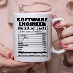 May include: White ceramic mug with a black and white graphic of a nutrition facts label for a software engineer. The label lists various skills and attributes with a percentage daily value for each. The text on the mug reads "Software Engineer Nutrition Facts Serving Size: 1 Amazing Software Engineer* % Daily Value** Hard Working 1000% Unrivaled Skill 500% Dedication 500% Passion 100% Caring 300% Determination 100% Regret 0% Sleep 0% Caffeine 110% * Not A Significant Source Of Gratitude Received. ** Percent Daily Values Are Based On Your Unique Diet."