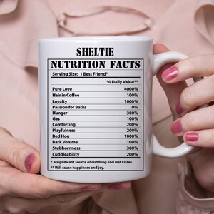 Funny Sheltie Gifts Nutritional Facts White Coffee Mug 11oz