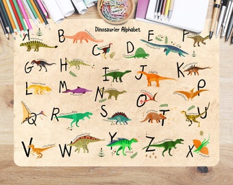 Schreibtischunterlage DINO ABC | Ideal als Geschenk zu Einschulung | Dinosaurier Alphabet | Größen: 60x40cm ] 70x50cm | Made in Germany