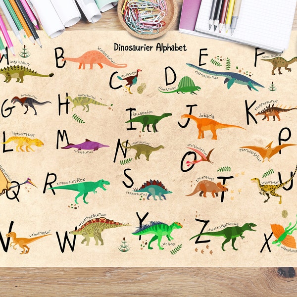 Sous-main DINO ABC | Idéal comme cadeau pour la scolarisation Alphabet des dinosaures | Dimensions : 60 x 40 cm ] 70 x 50 cm | Fabriqué en Allemagne