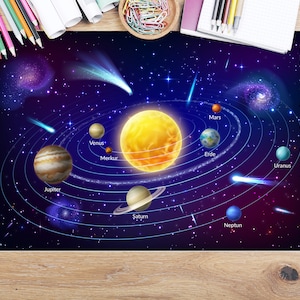 Children&#39;s desk pad solar system with planets | Universe | Space | Size: 60 x 40 cm | 70 x 50 cm | Can be wiped clean with a damp cloth | Made in Germany