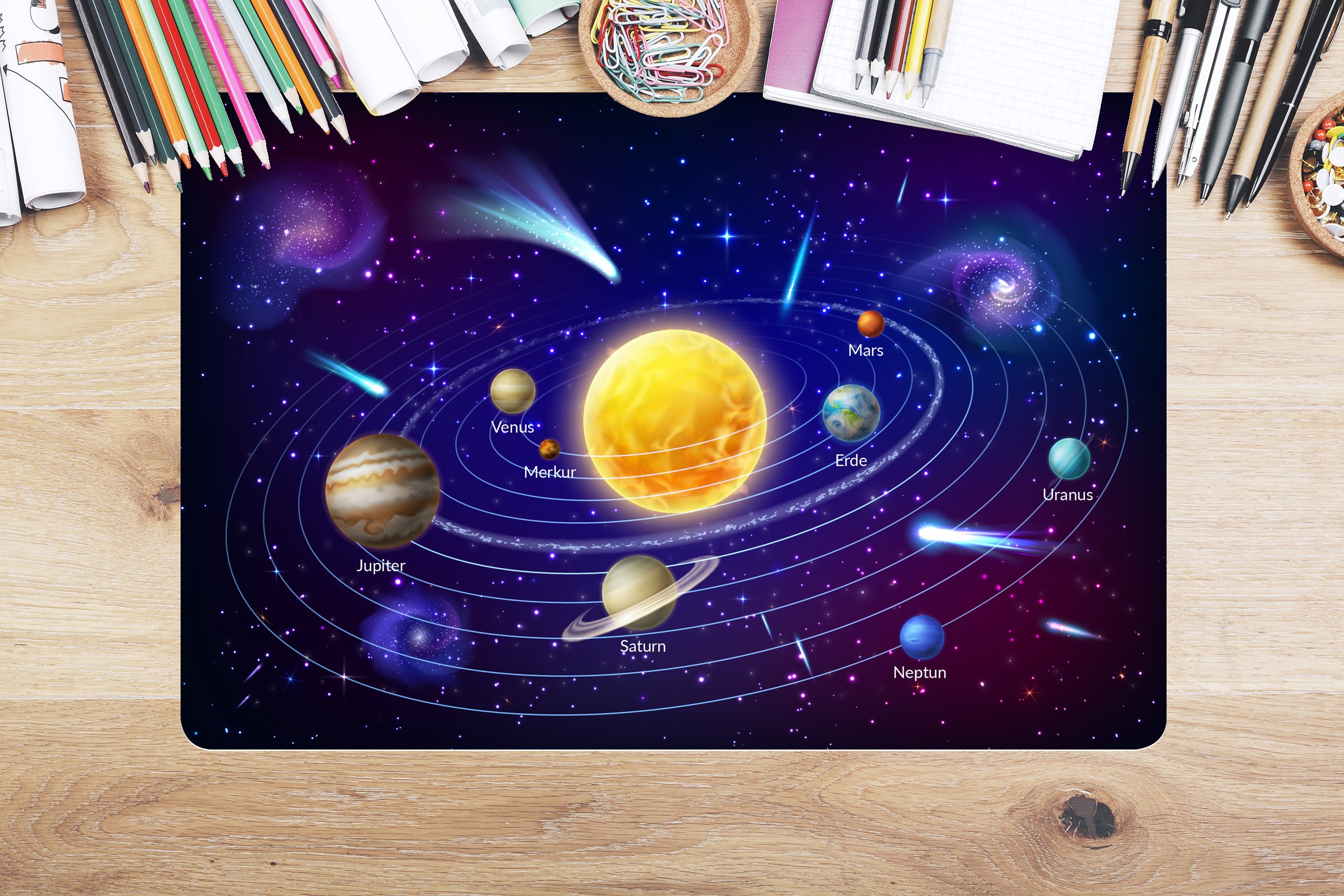 Children's desk pad solar system with planets | Universe | Space | Size: 60 x 40 cm | 70 x 50 cm | Can be wiped clean with a damp cloth | Made in Germany