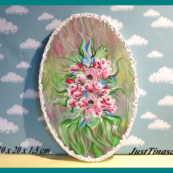 Blumen, strokepainting im Shabby-Style, Acrylmalerei auf Mdf - Leinwand oval