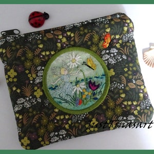 Cosmetic bag 12 x 14 cm, utensil bag, storage, appliqué embroidery art, needle painting, dancing angel with flowers