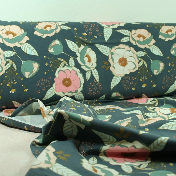 Jersey von Art Gallery Fabrics Blumen mit ein wenig Glitzer auf petrol