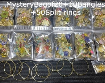 Mystery Bag , 20 Random Charms, 10 Bangles, 50 Split Rings,  Charm Sets, Bling Charms, Mixed Charms,  Bracelets charms,  Rhinestone Charms