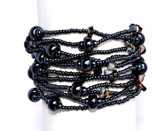 Elegantes Armband anthrazit silber Glasperlen Magnetverschluss/ Armband 12 Stränge/ Schmuckset/ Natur Steine/Geschenk für Sie