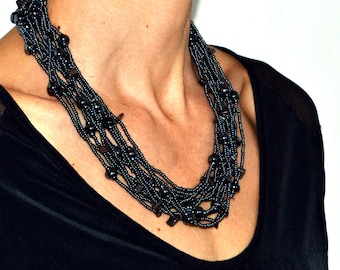 Elegante Halskette anthrazit silber Glasperlen Magnetverschluss/ Halskette 12 Stränge/ Schmuckset/ Natur Steine/Geschenk für Sie