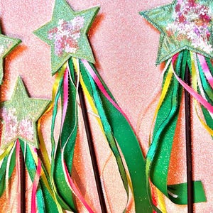 Sparkly Star Wand, Glitter Princess Wand, Green Ribbon Play Wand, Fairy Wand, Toy Wand, Dress Up Wand, Mother Earth Wand