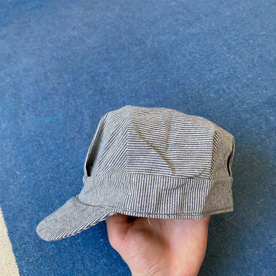80s Vintage Striped Engineer Railroad Blue Denim Hat Small | Etsy