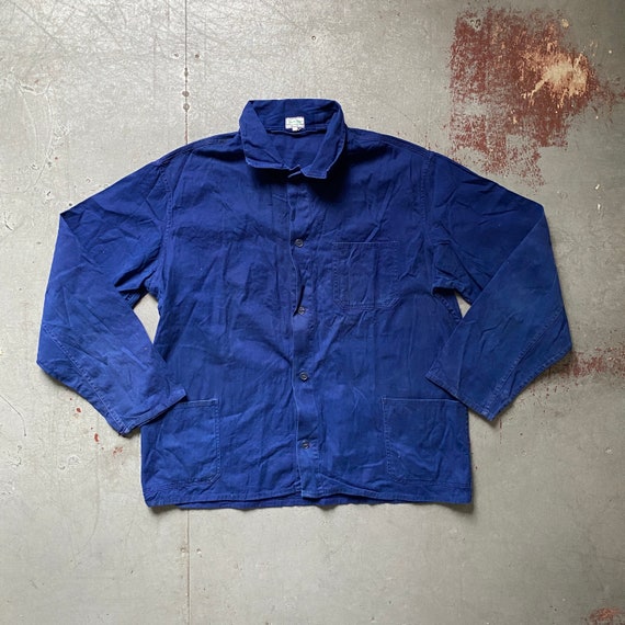 80s Vintage Blue Sun Faded Indigo Cotton Workwear Chore Coat Work