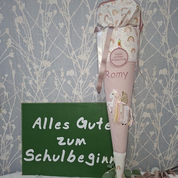 Schultüte Pegasus aus Baumwollstoff mit Papprohling 70 cm und Namensbestickung