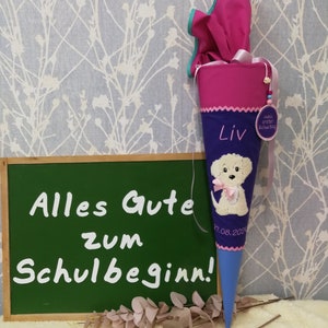 Schultüte Hund aus Stoff mit Papprohling und Namensbestickung