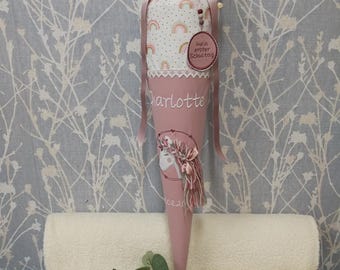 Unicorn school cone made of fabric with cardboard blank and name embroidery