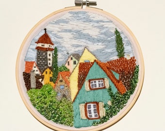 Hand Embroidery, Fiber Art, Wall Hanging, 7" Embroidery Hoop, "View of Rothenburg"