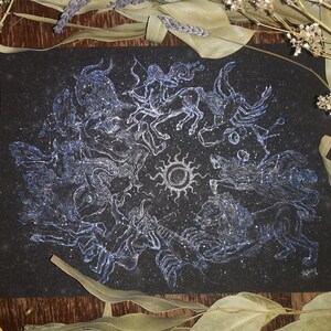May include: A black background with a silver glitter design of the zodiac constellations. The constellations are arranged in a circle with the sun in the centre.