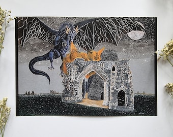 Norfolk folklore- Ludham Dragon, A5 double sided print, story on the back, landscape art, Norfolk Broads