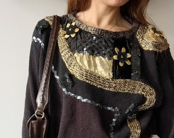 Vintage 80s Luxe Hand embroidered sparkling knit jumper