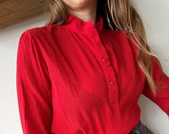 Vintage 60s crinkled red print blouse top tunic shirt