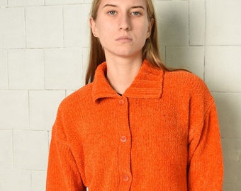 Vintage 90s orange velveteen knit jumper cardigan sweater