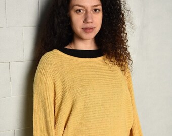 Vintage 80s solid yellow ribbed knit top jumper pullover