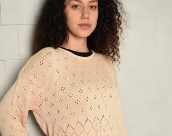 Vintage 80s pastel crochet knitted peachy jumper pullover