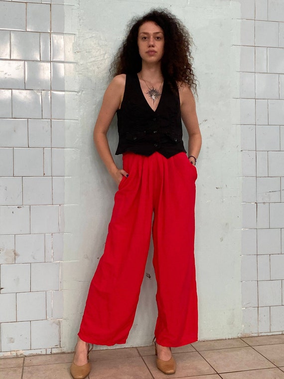 Vintage 80s red draped palazzo trousers pants red… - image 1