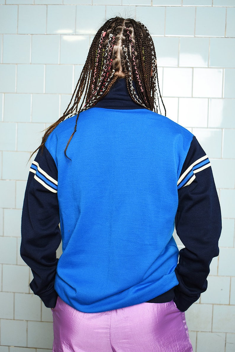 Vintage 70s sports full zip sweatshirt jumper blue pullover sweater cotton retro sportswear women woman oversized plus size retro Mod