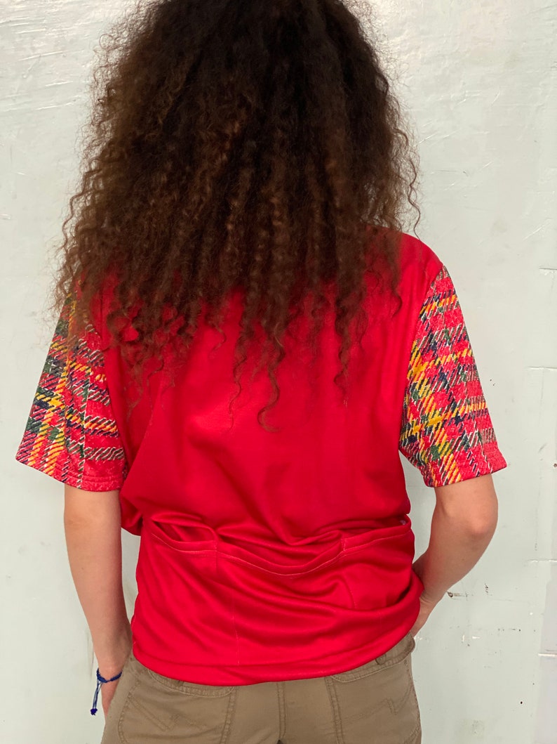 Vintage 90s sports tartan print t-shirt top tee jersey cycling womens size UK 8 10 vintage 1/4 zip graphic S vintage men unisex red image 5