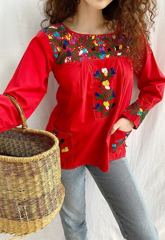 Vintage 70s Ethnic embroidered Milkmaid Tunic blou
