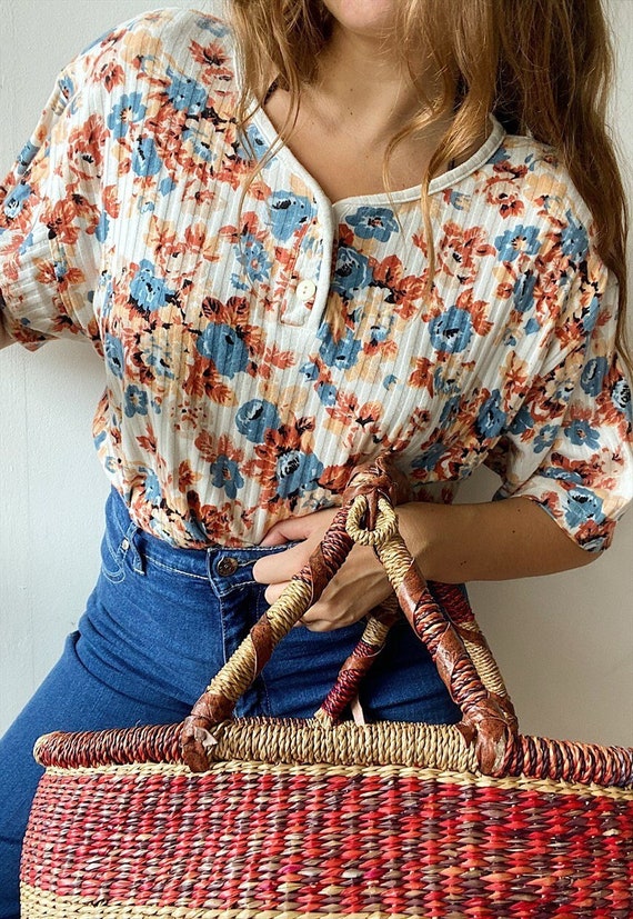 Vintage 80s Botanica Floral ribbed jersey blouse t