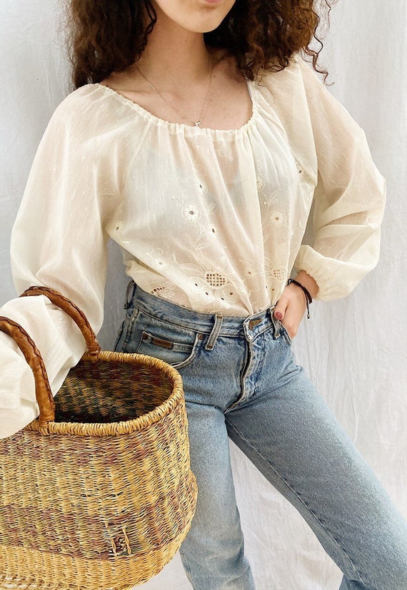 Vintage 70s Country Sheer Milkmaid Tunic blouse to