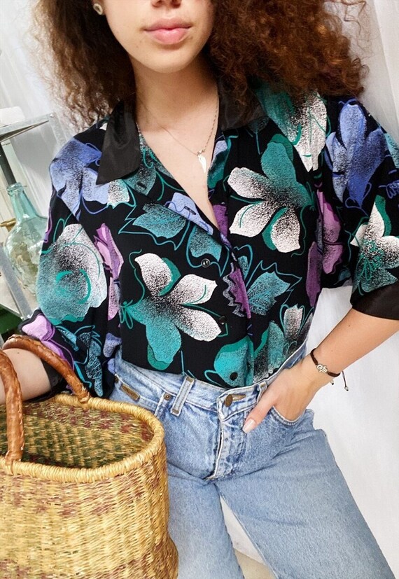 Vintage 80s Abstract floral botanica print blouse top