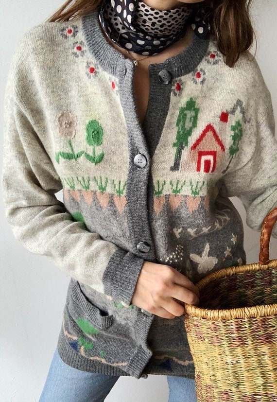 Vintage 80s Countryside Milkmaid Folk knit cardiga