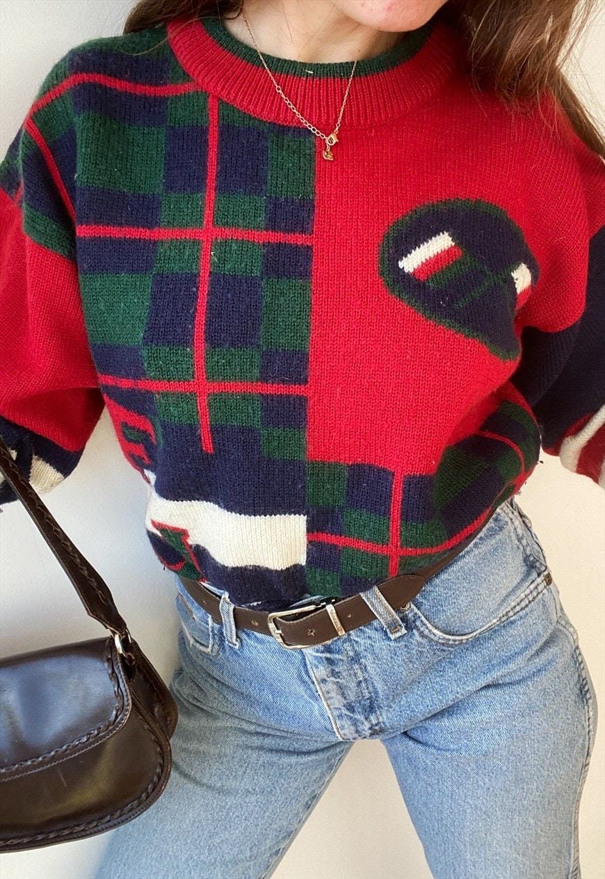 Vintage 80s FUN Slogan Tartan Check Pattern Knit Jumper - Etsy
