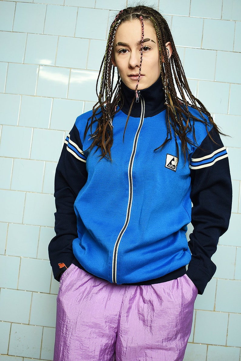 Vintage 70s sports full zip sweatshirt jumper blue pullover sweater cotton retro sportswear women woman oversized plus size retro Mod