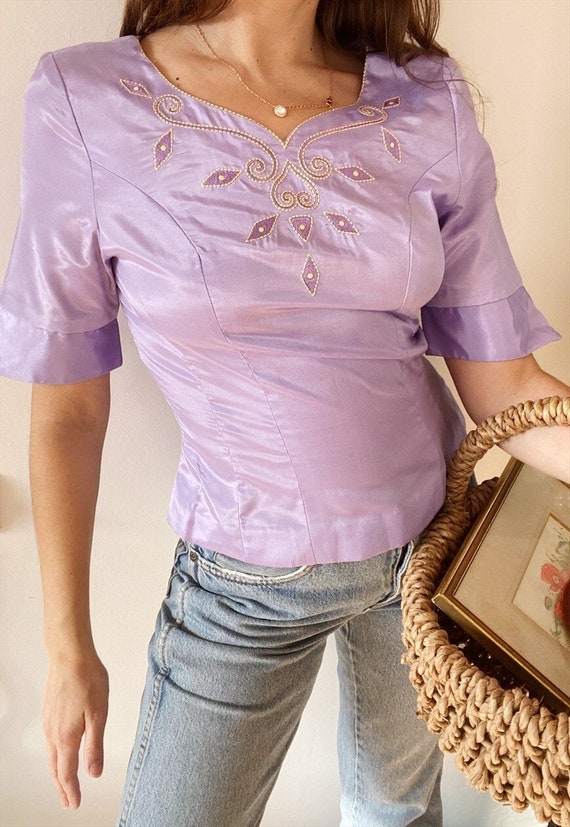 Vintage 90s Lilac Satin Ethnic Boho shimmer top b… - image 1