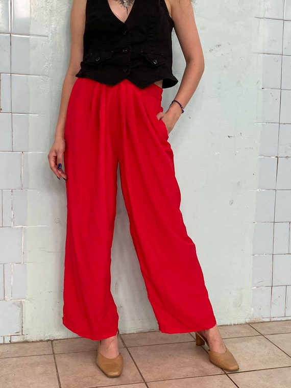 Vintage 80s red draped palazzo trousers pants red… - image 3