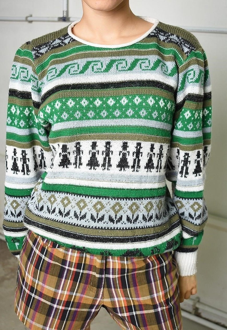 Vintage 90s festival garm knit jumper with Fair Isle print pullover sweater women woman Christmas oversized Xmas ugly festive green